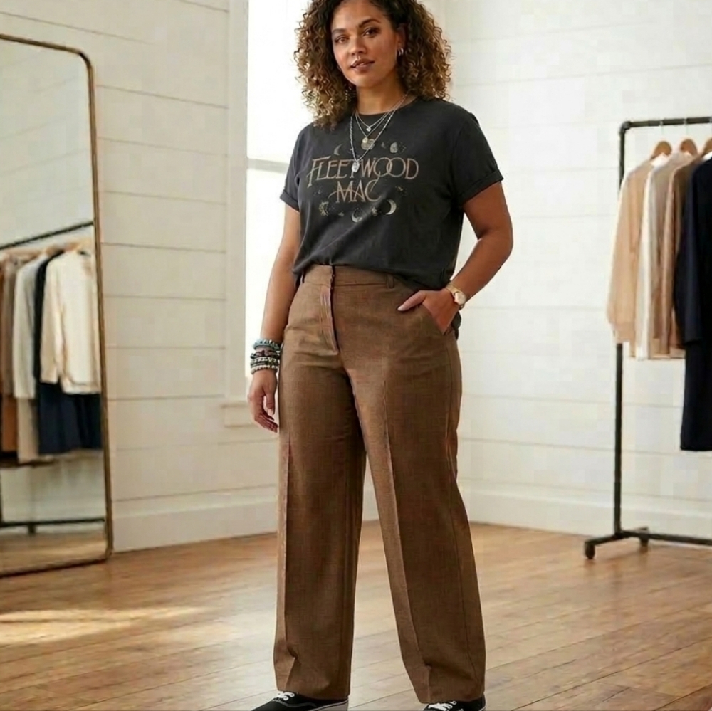 Apostrophe Brown Checkered Wide Leg Ankle Pants Women's Size 14 Academia Y2K